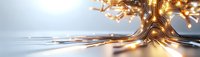 Abstract glowing circuit tree with golden light branches spreading across reflective surface, symbolizing technology growth and digital connectivity.