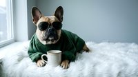French bulldog wearing sunglasses and green sweater sitting with coffee mug on white fluffy blanket by window for cozy morning lifestyle concept.
