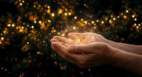 Cupped hands holding glowing golden light particles with magical sparkles floating against dark bokeh background for spiritual and hope concepts.