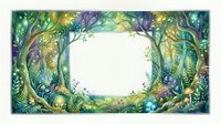 Watercolor enchanted forest frame with glowing trees, mushrooms, and magical plants surrounding a white copy space center.