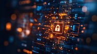 Glowing padlock icon on digital circuit background with orange and blue light effects illustrates cybersecurity and digital data protection concept in modern technology.