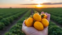 Fresh yellow cherry tomatoes in farmer's hand at sunset over agricultural field rows. Organic harvest concept for healthy eating and sustainable farming.