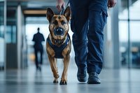 German Shepherd security dog in harness walking with handler in modern building corridor, silhouette of person visible in background. Low angle dramatic view.
