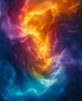 Vibrant cosmic nebula with flowing energy streams in orange, purple, and turquoise colors against starry space background, perfect for astronomy themes or spiritual design projects.