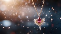 Luxury ruby and diamond pendant necklace with golden chain hanging against soft bokeh lights, ideal for jewelry advertising and elegant fashion campaigns.