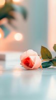 Delicate pink rose lying on reflective surface with soft bokeh lights in background, creating romantic and dreamy atmosphere for wedding or valentine designs.