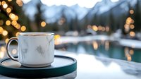 Marble pattern coffee cup on green tray against winter mountain landscape with bokeh lights and snowy peaks, reflecting in calm lake water at dusk.