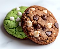 Freshly baked chocolate and matcha cookies with white chocolate and dark chocolate chips on white background, close-up view showing soft texture and rich details.