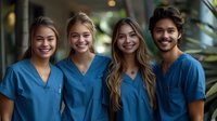 Diverse team of young medical professionals in blue scrubs smiling at camera, representing healthcare workforce and medical teamwork in modern clinical setting.