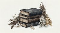 Stack of vintage leather-bound books with dried herbs, flowers and botanical elements in muted earth tones, creating mystical academic atmosphere.