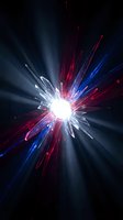 Bright energy explosion with red and blue light rays bursting from glowing white center against dark background. Use for technology, science, power concepts.