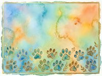 Watercolor painting featuring multiple animal paw prints in gold and blue tones across gradient background transitioning from blue to yellow to orange. Isolated artwork on textured paper background.