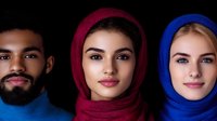 Diverse group of young people wearing colorful hijabs and traditional head coverings against black background, representing unity and cultural diversity in modern society.