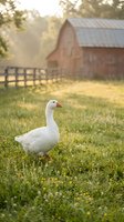 White domestic goose standing on green grass in rural farm setting with red barn and wooden fence in soft golden sunlight during sunset or sunrise.