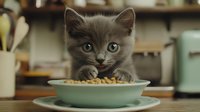 Adorable gray kitten with bright blue eyes peeks over edge of mint green bowl filled with dry cat food, creating heartwarming moment in cozy kitchen setting.