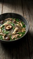 Asian mushroom noodle soup with shiitake and greens in dark bowl on rustic wooden table. Healthy vegetarian comfort food for restaurant menus.