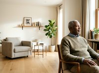 Senior African American man relaxing in modern living room with natural light, comfortable furniture, and indoor plants, suitable for lifestyle, wellness, and home decor content.