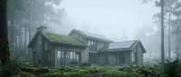 Rustic wooden cabin with moss-covered roof nestled in a misty forest, surrounded by tall pine trees and lush green undergrowth.
