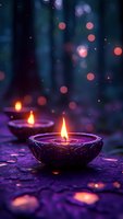 Glowing oil lamps with flickering flames against dark forest background with bokeh lights creating mystical atmosphere for meditation or spiritual practices.