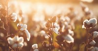 Cotton field at golden sunset with ripe cotton bolls ready for harvest, natural fibers glowing in warm sunlight against blurred agricultural background.