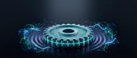 Futuristic mechanical gear wheel with electric blue energy waves and lightning effects on dark background for technology and engineering concepts.