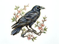 Dark blue bird perched on flowering branch with pink blossoms and green leaves, isolated on white background for design and print applications.