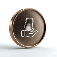 Bronze coin with hand holding stack of coins icon isolated on white background for financial and investment design projects.