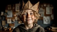 Young blonde boy wearing handmade paper crown smiling joyfully in cozy indoor setting with warm lighting and blurred background for childhood concepts.