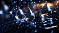 Water drops on dark reflective surface with bokeh lights and sparkles creating magical atmosphere. Macro photography with shallow depth of field.