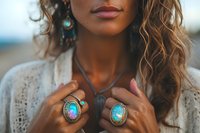 Close up of mixed race woman wearing boho style turquoise jewelry rings and earrings, with curly hair and natural makeup against blurred outdoor background.