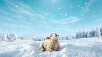 Meerkat sitting in snowy winter landscape with frost-covered trees and sparkling snowflakes, suitable for seasonal greeting cards and winter wildlife content.
