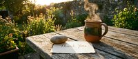Steaming ceramic mug and thank you note on rustic wooden table in sunny garden, warm golden light, gratitude and mindfulness concept.