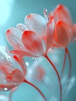 Translucent coral and white lily flowers with water droplets on petals against soft blue background. Delicate floral art for spring design projects.