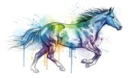 Watercolor horse in motion with vibrant blue, green and purple paint splashes and drips on white background for artistic designs and equestrian projects.