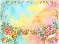 Watercolor gradient background with floral border frame, gold ornamental details, and gift boxes. Soft pastel colors transitioning from blue to pink to yellow. Isolated design element ready for invitations, greeting cards, and digital projects.