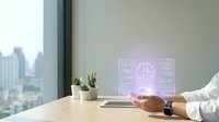 Business professional analyzing holographic data visualization with pie chart and graphs in modern office workspace for digital analytics and reporting.