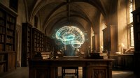 Ancient library with glowing holographic brain projection floating above wooden desk, blending medieval architecture with futuristic technology concept.