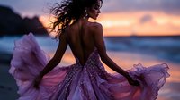 Young woman in flowing pink sparkly gown twirling at sunset beach, hair blowing in wind, dramatic evening sky and ocean backdrop creates romantic atmosphere.