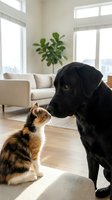 Black Labrador and tabby cat touching noses in bright modern living room with wooden floor, beige sofa, and potted plant. Pet friendship and cohabitation.