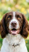 Happy English Springer Spaniel dog portrait with open mouth and bright amber eyes against blurred natural green background for pet care and animal content.