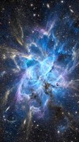 Stunning cosmic nebula with brilliant blue and purple gas clouds swirling through star-filled deep space creating dramatic celestial formation against dark universe.