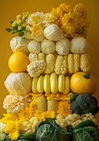Fresh produce and flowers arranged in yellow monochromatic layers with white cabbage, corn, bananas, pumpkin, sunflowers, roses and green vegetables on golden background.