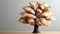 Freshly baked croissants arranged in tree shape with chocolate trunk on wooden surface, creative food art for bakery promotion.