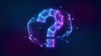 Glowing neon question mark inside digital brain outline with network connections on dark blue purple gradient background for AI technology concepts.