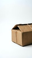 Damaged brown cardboard shipping box with torn edges and worn corners isolated on white background for packaging and delivery concepts.