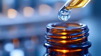 Golden drop of essential oil falling into amber glass bottle with warm glowing light, macro photography on blue background for wellness and aromatherapy concepts.