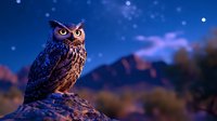 Majestic owl perched on rocky outcrop against starry night sky with mountain landscape backdrop for wildlife and nature photography projects.