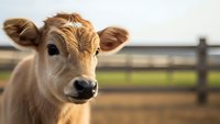 Young brown calf with expressive eyes standing in farm pasture with wooden fence background during golden hour lighting for agricultural content.