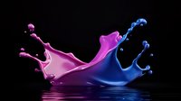 Pink and blue liquid crown splashes colliding in dramatic motion against dark background with reflection on glossy surface, creating dynamic fluid art sculpture.