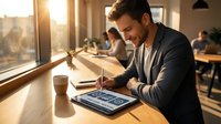 Young professional businessman working on digital tablet in modern office workspace with warm sunlight streaming through windows during productive workday.